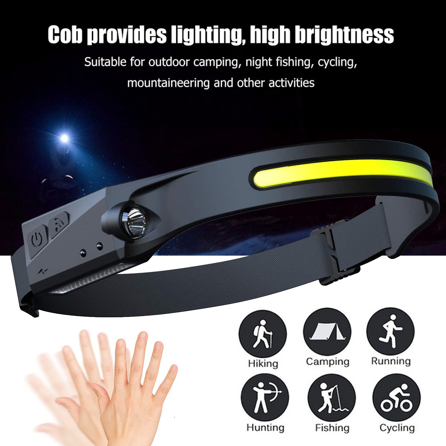 💡 COB LED Induction Riding Headlamp – USB Rechargeable Waterproof Headlight