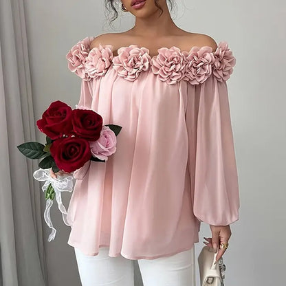 🌷 3D Floral Off-Shoulder Blouse – Elegant, Romantic & Perfectly Dressy