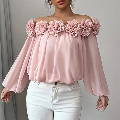 🌷 3D Floral Off-Shoulder Blouse – Elegant, Romantic & Perfectly Dressy