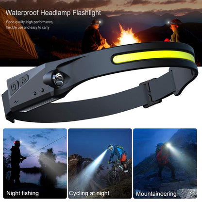 💡 COB LED Induction Riding Headlamp – USB Rechargeable Waterproof Headlight