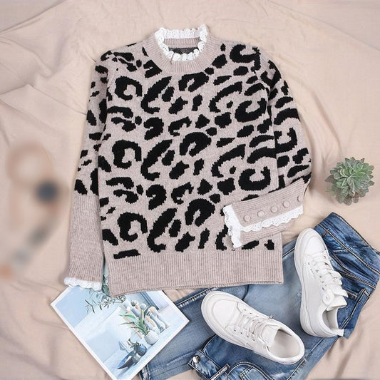 🐆 Leopard Print Lace Trim Sweater – Bold, Chic & Beautifully Feminine